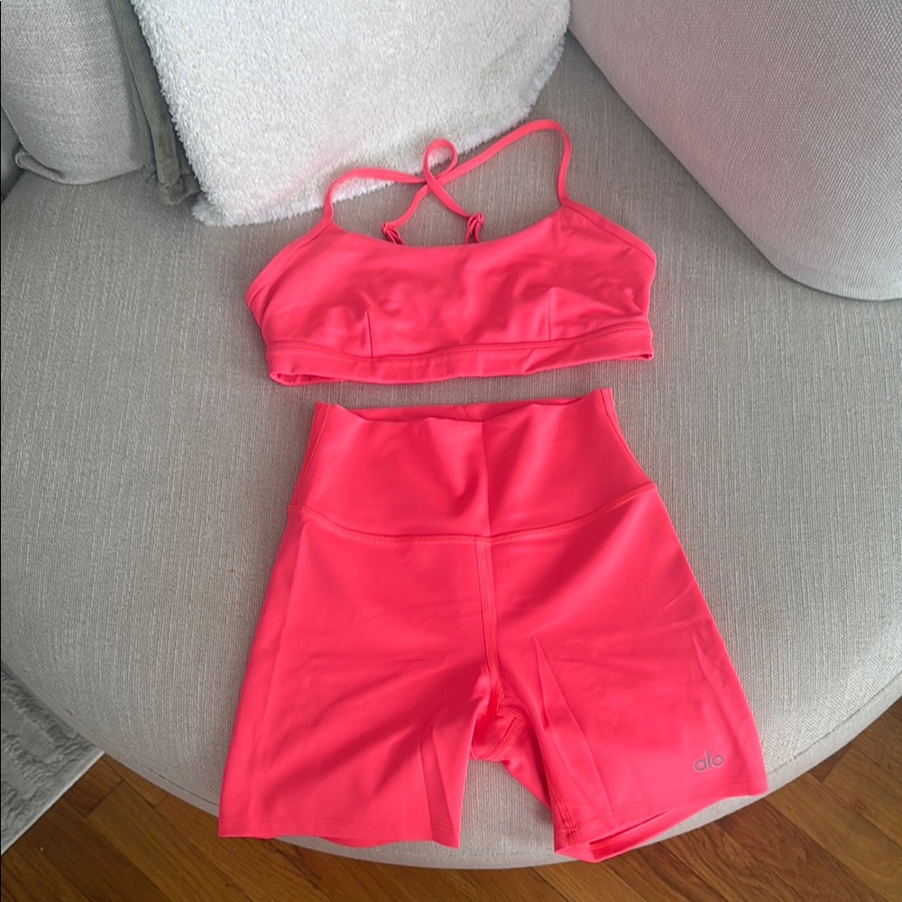 ALO Yoga Neon Pink Athletic Shorts and Sport Bra